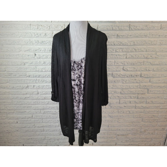 Terra Sky Women Top 2X Pullover Roll Tab Sleeve Black Tie Dye Asymmetric Casual