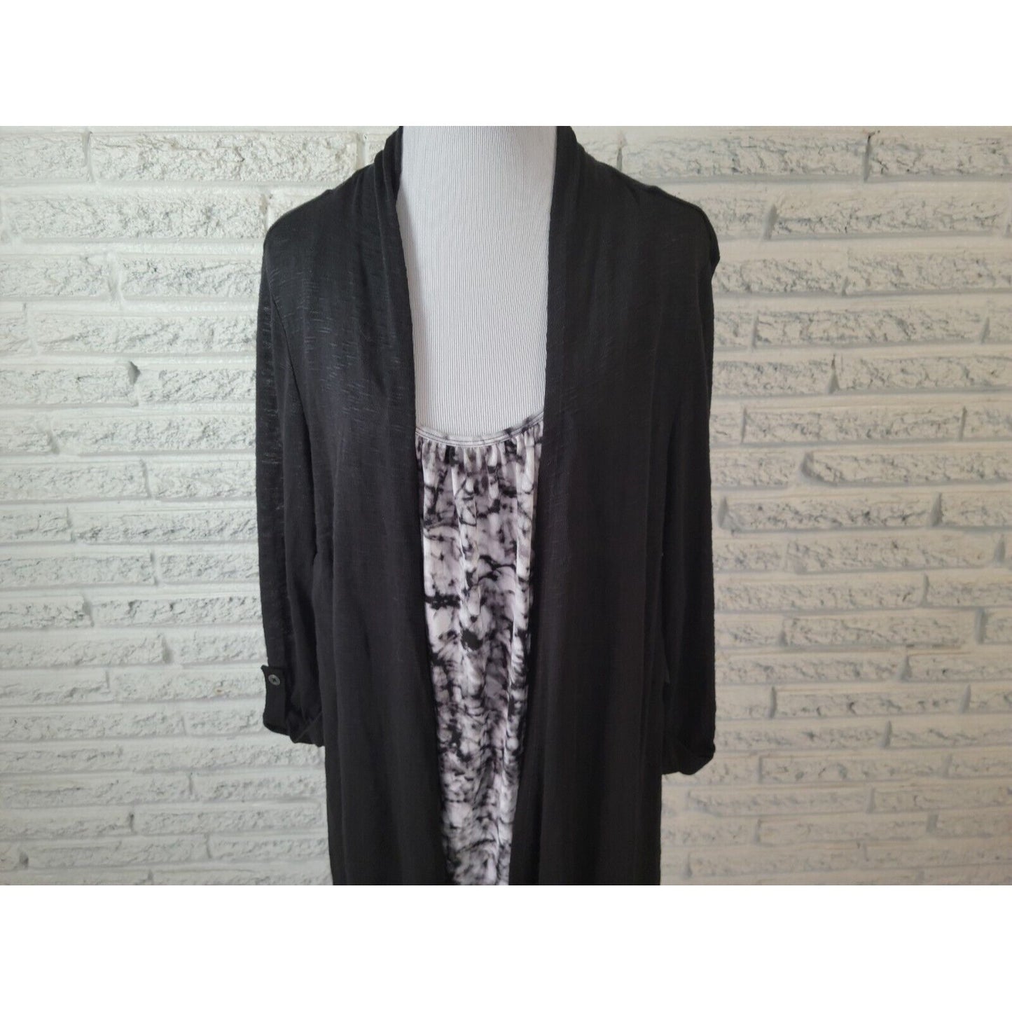 Terra Sky Women Top 2X Pullover Roll Tab Sleeve Black Tie Dye Asymmetric Casual