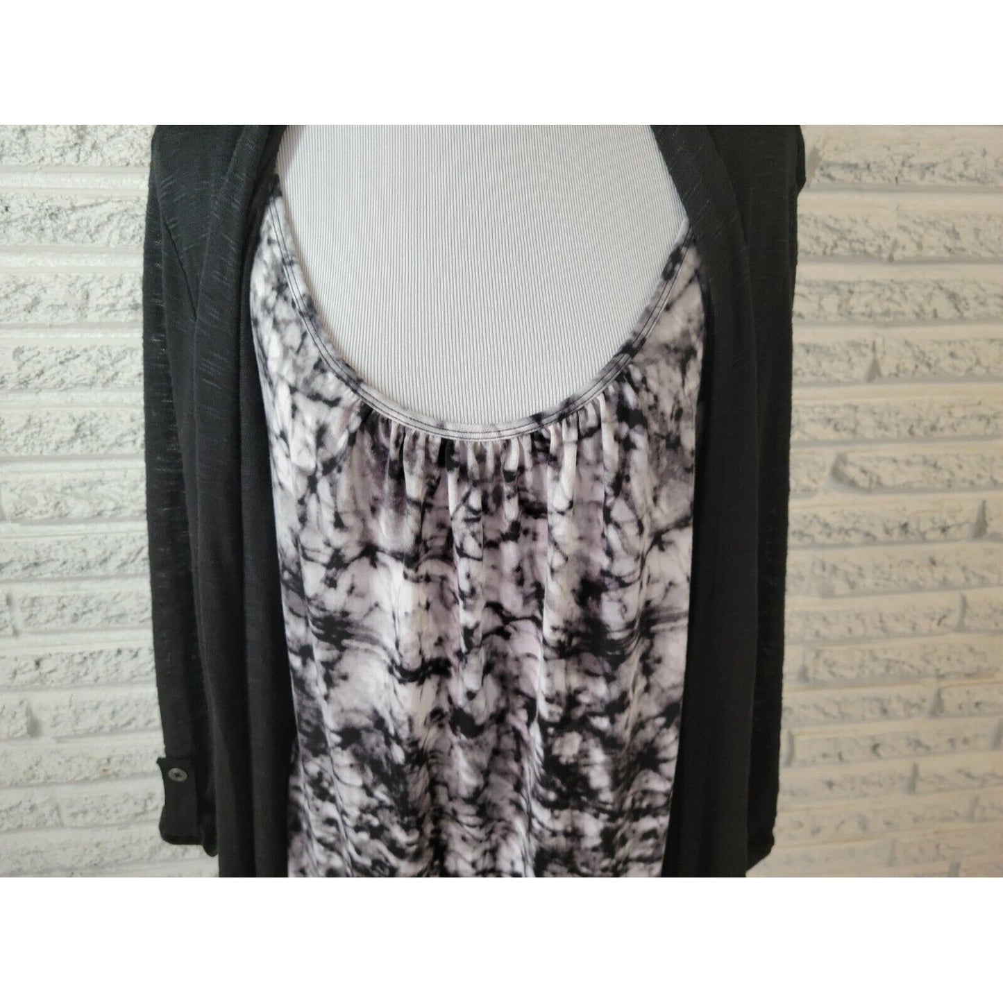 Terra Sky Women Top 2X Pullover Roll Tab Sleeve Black Tie Dye Asymmetric Casual