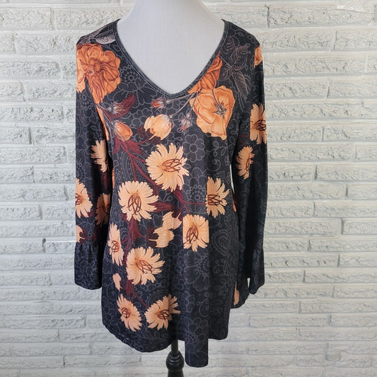 Azalea Firmiana Womens Top Extra Large XL Tunic Bell Sleeve Orange Floral Comfy