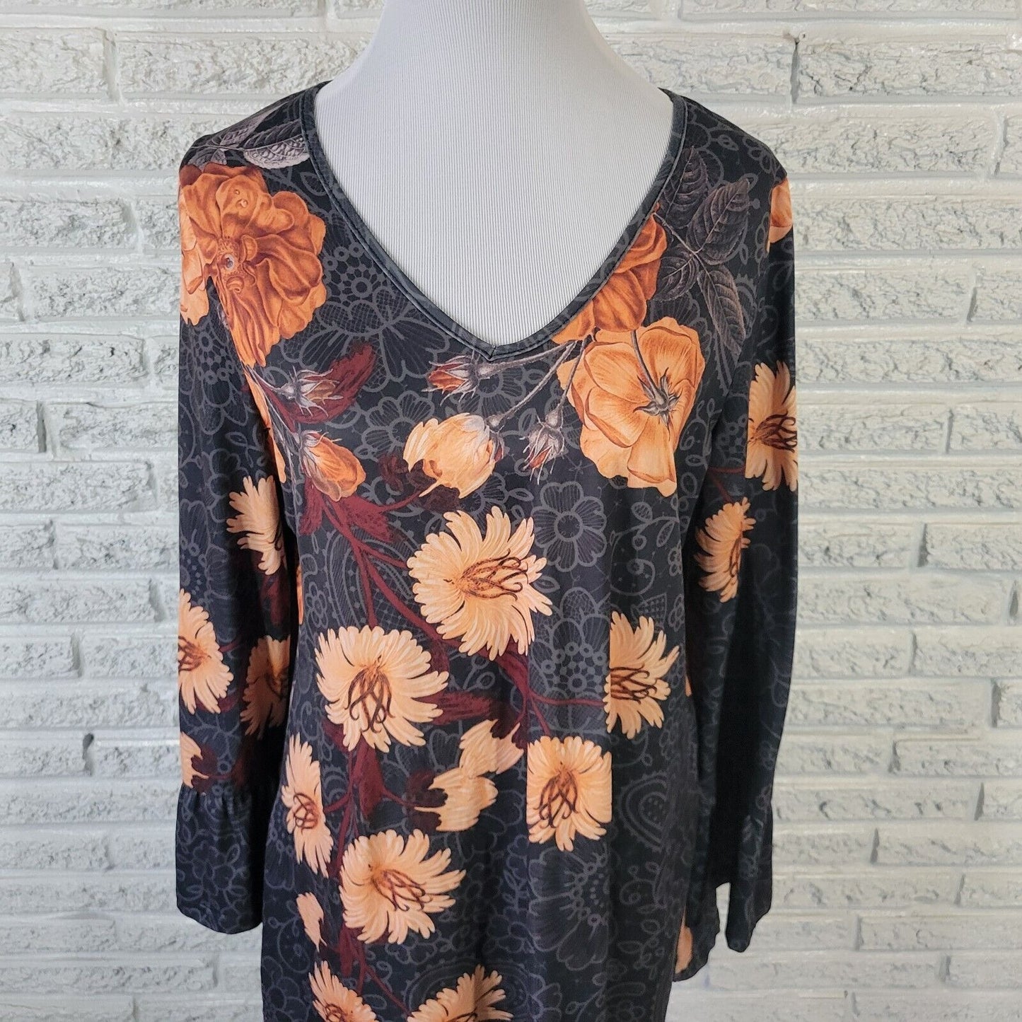 Azalea Firmiana Womens Top Extra Large XL Tunic Bell Sleeve Orange Floral Comfy