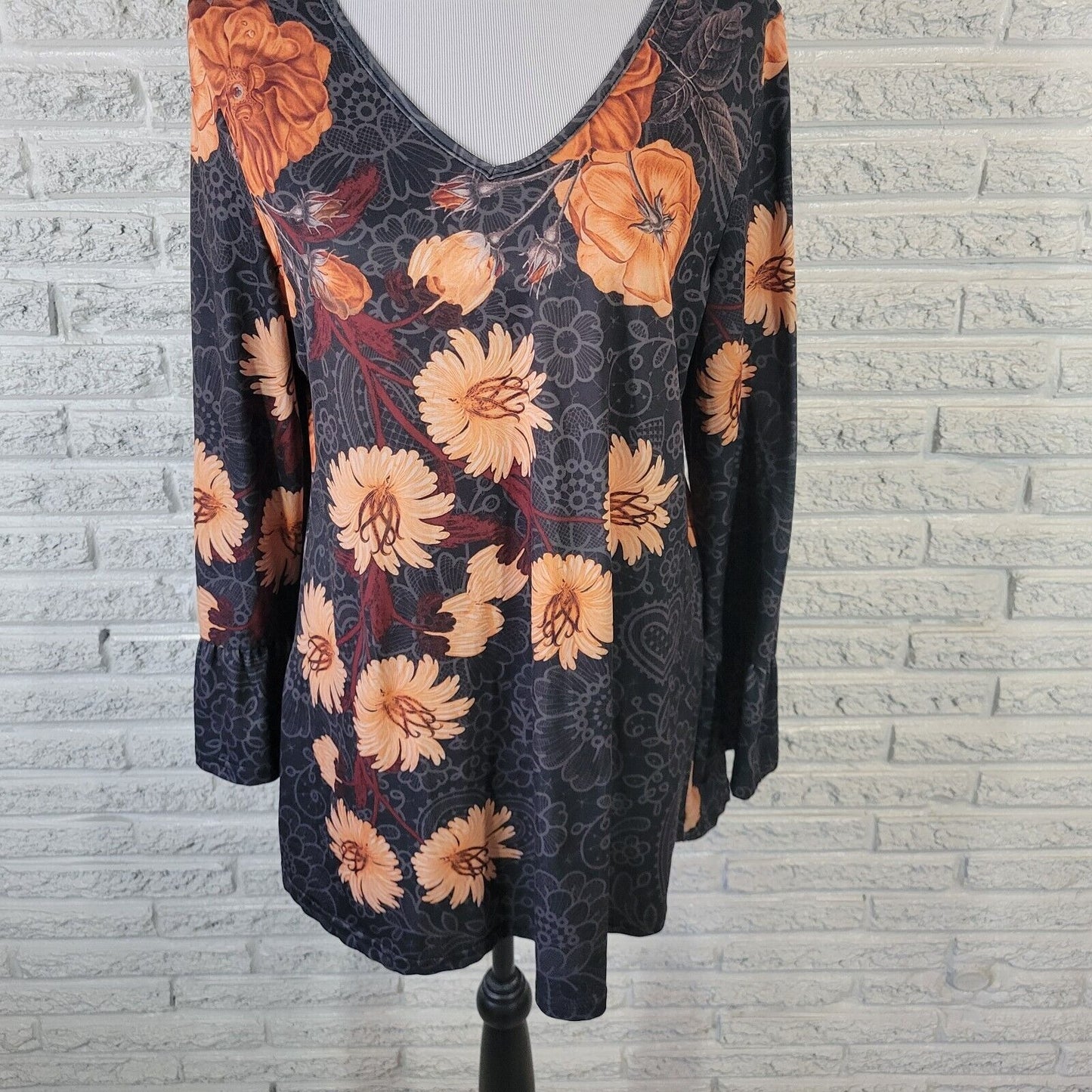 Azalea Firmiana Womens Top Extra Large XL Tunic Bell Sleeve Orange Floral Comfy