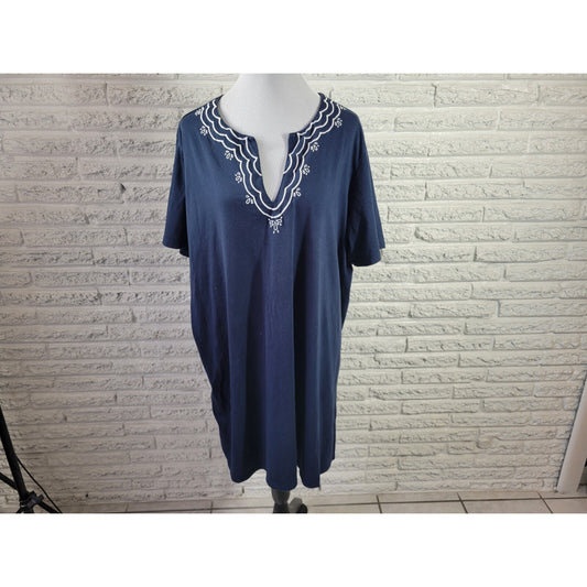 Coral Bay Womens Dress 2X Plus Mini Short Sleeve Blue Cotton Blend Embroidered