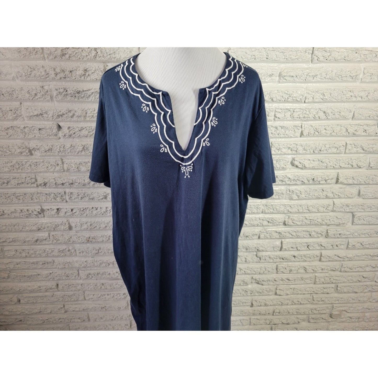 Coral Bay Womens Dress 2X Plus Mini Short Sleeve Blue Cotton Blend Embroidered