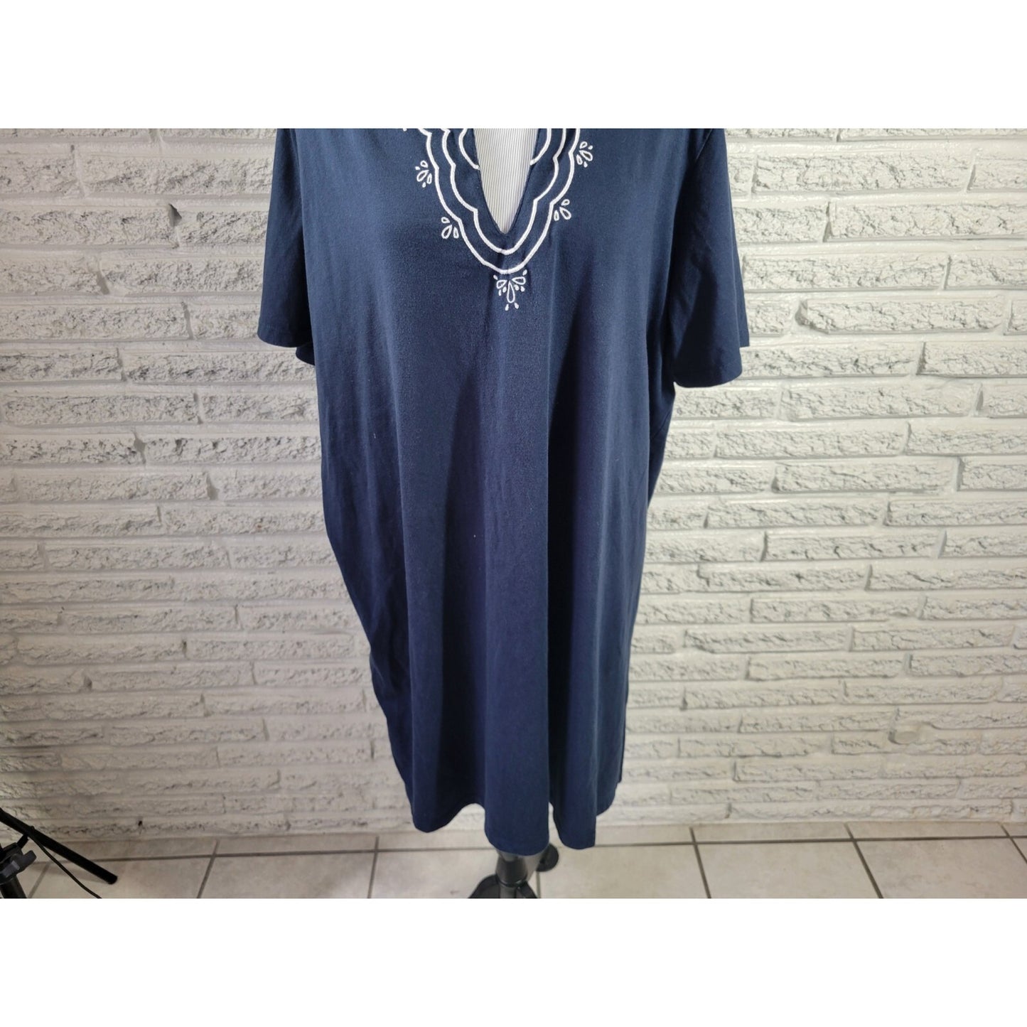 Coral Bay Womens Dress 2X Plus Mini Short Sleeve Blue Cotton Blend Embroidered