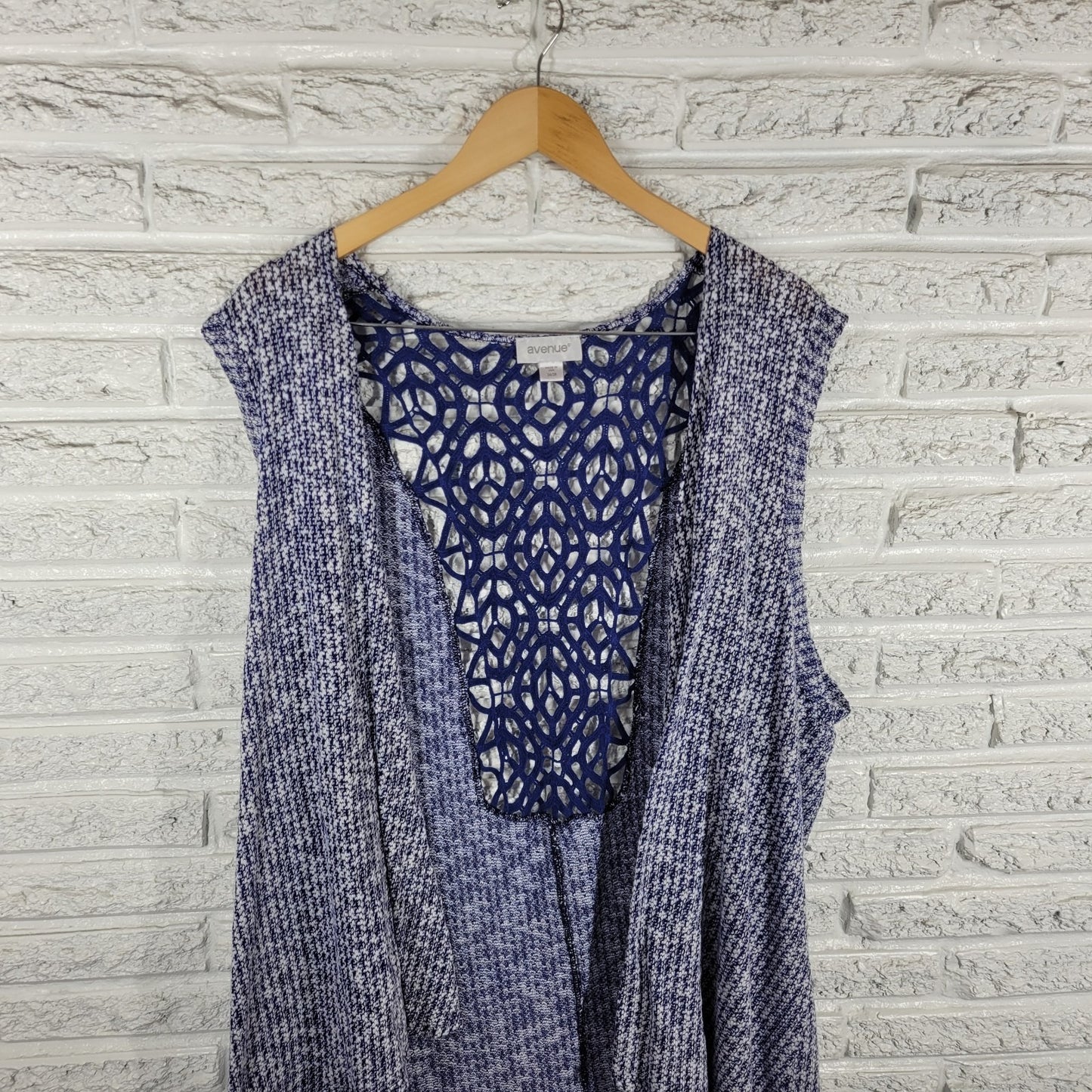 Avenue Womens Sweater 26 28 Plus Cardigan Open Sleeveless Blue Crochet Back