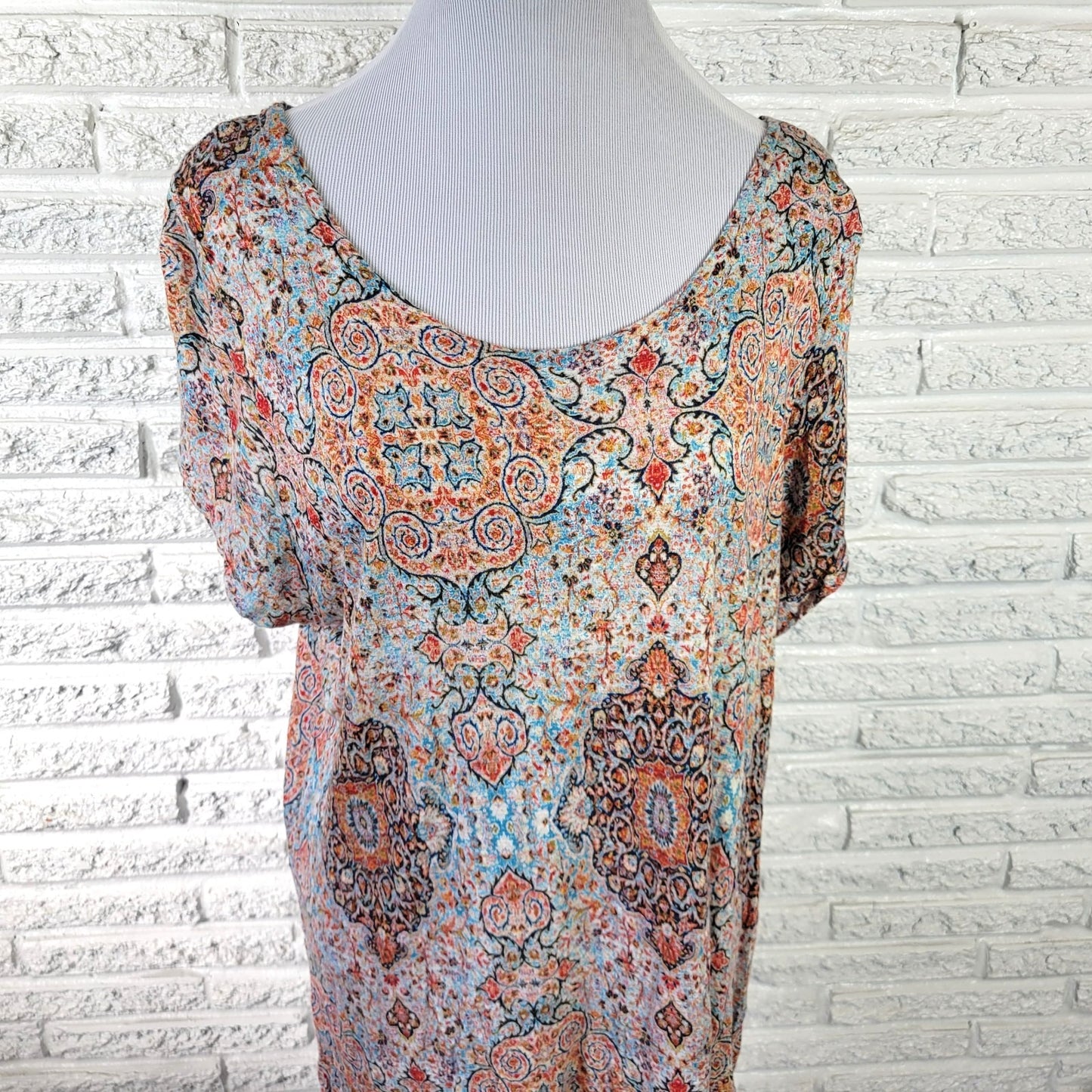 Cynthia Rowley 2X Plus Size Tunic Top Orange Blue Geometric Slit Viscose Stretch