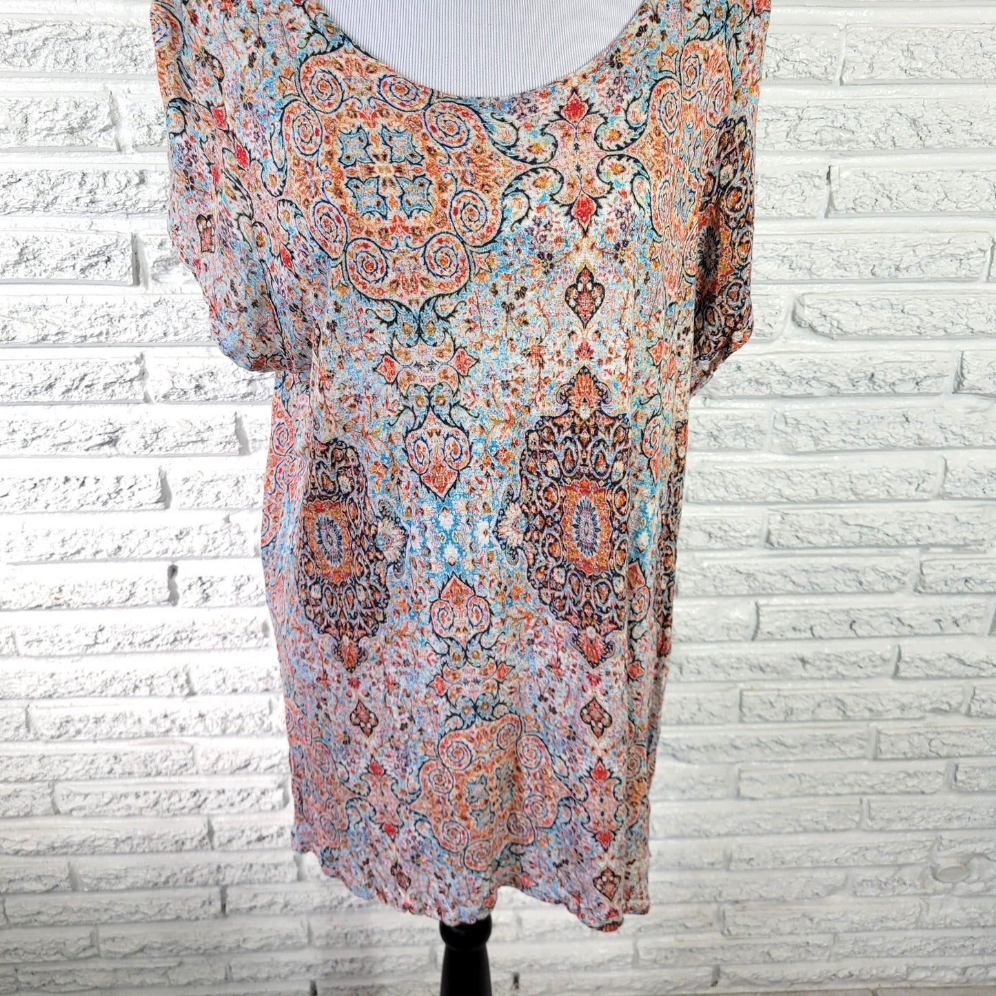 Cynthia Rowley 2X Plus Size Tunic Top Orange Blue Geometric Slit Viscose Stretch