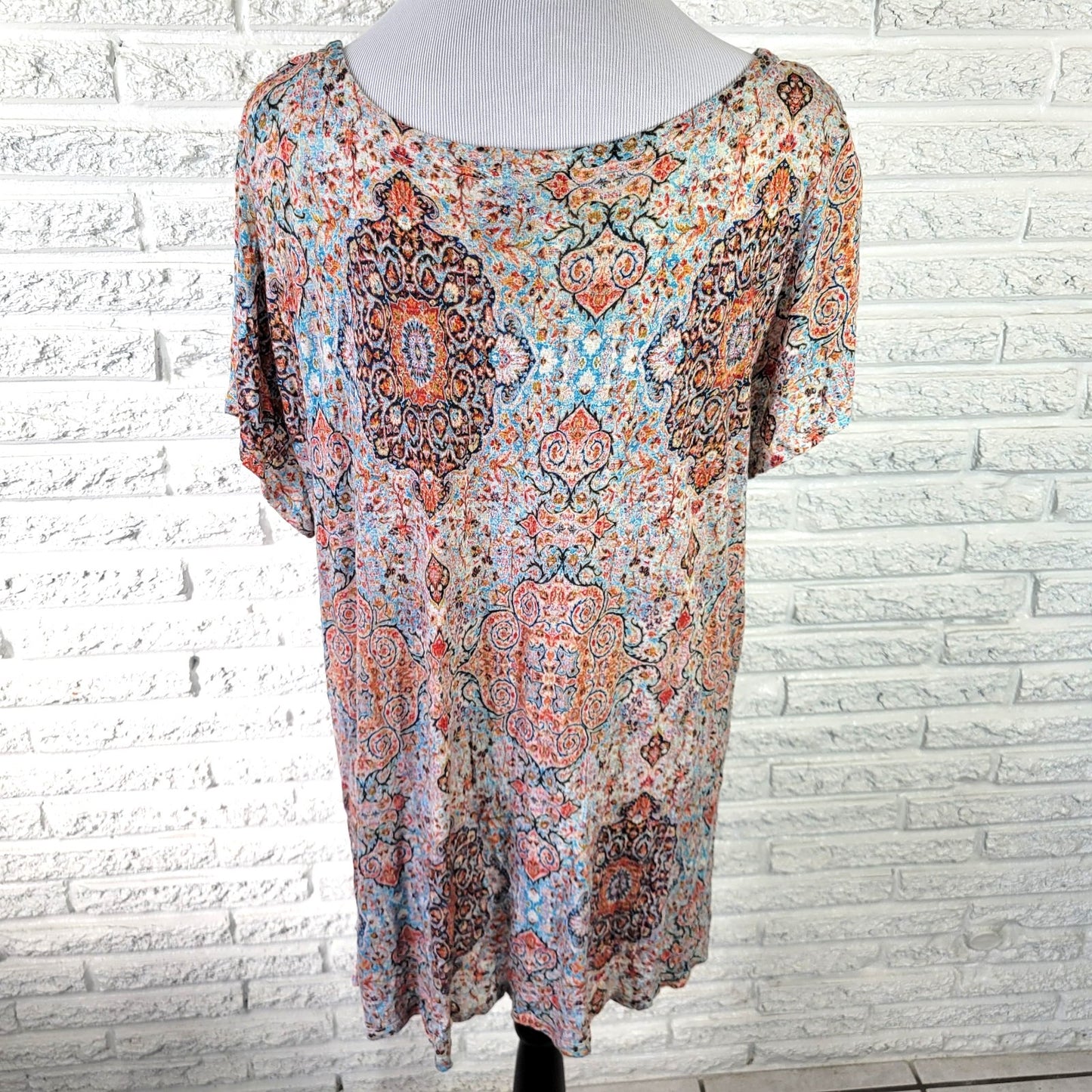 Cynthia Rowley 2X Plus Size Tunic Top Orange Blue Geometric Slit Viscose Stretch