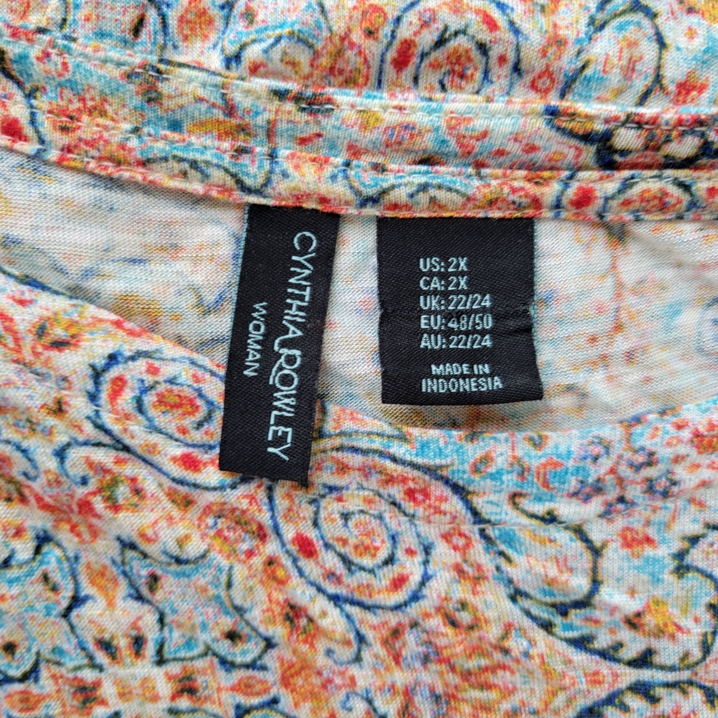 Cynthia Rowley 2X Plus Size Tunic Top Orange Blue Geometric Slit Viscose Stretch
