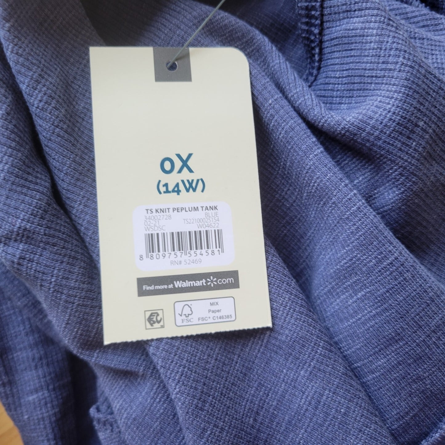 Terra Sky Women Top 0X 14W Plus Peplum Swing Tank Blue Lightweight Cotton Blend