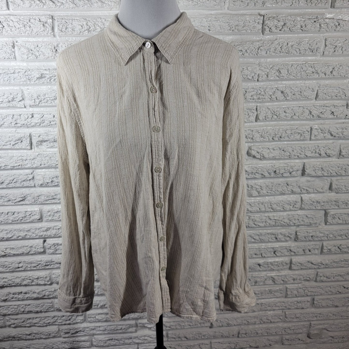 Orvis Womens Top Extra Large Roll Tab Sleeve Beige Stripe Linen Rayon Button Up