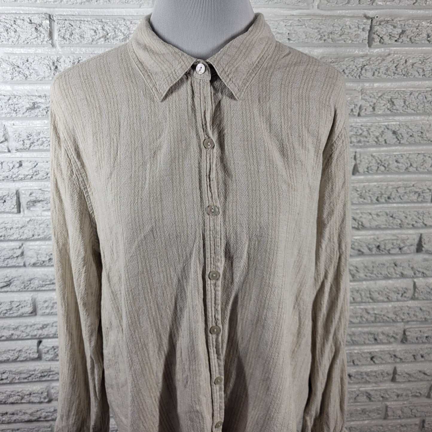 Orvis Womens Top Extra Large Roll Tab Sleeve Beige Stripe Linen Rayon Button Up