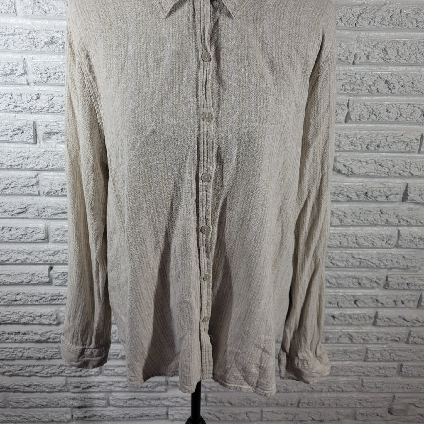 Orvis Womens Top Extra Large Roll Tab Sleeve Beige Stripe Linen Rayon Button Up