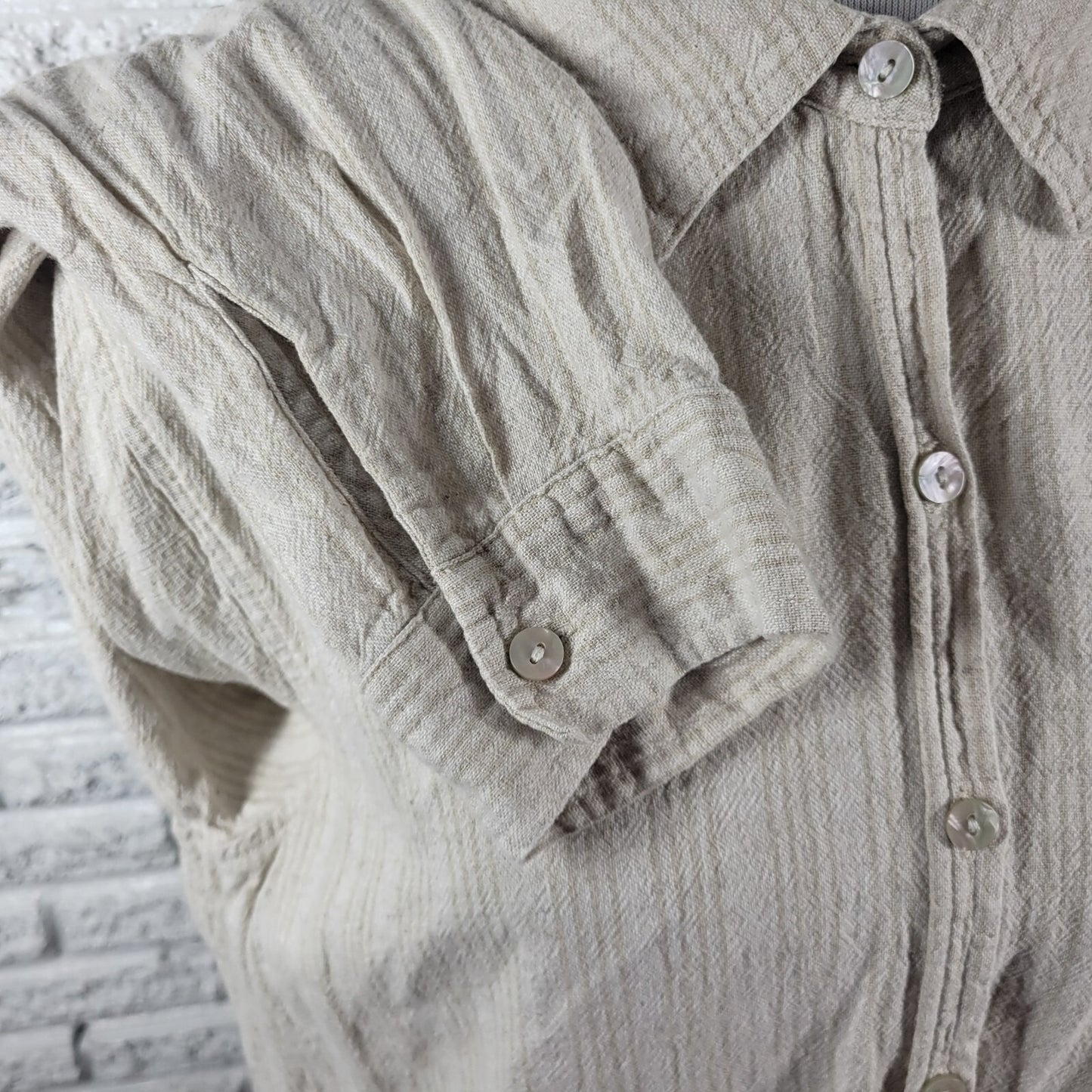 Orvis Womens Top Extra Large Roll Tab Sleeve Beige Stripe Linen Rayon Button Up