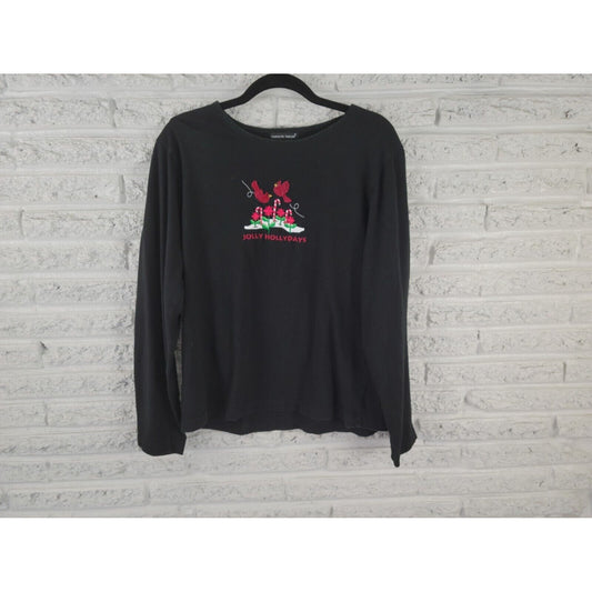 Christmas Carolyn Taylor Womens Top Extra Large Embroider Black Jolly Hollydays
