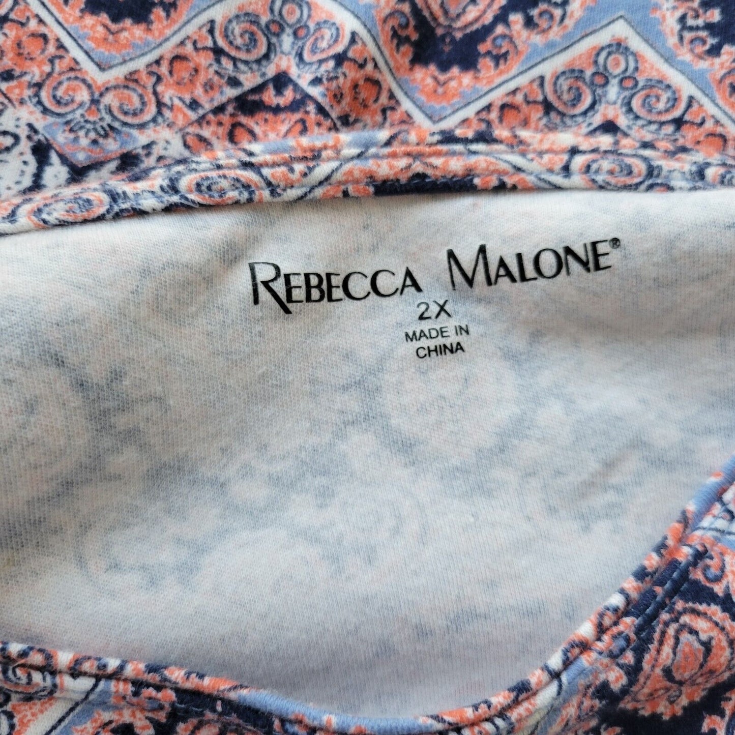 Rebecca Malone Womens Top 2X Plus Tee Blue Pink Geometric Cotton Lightweight