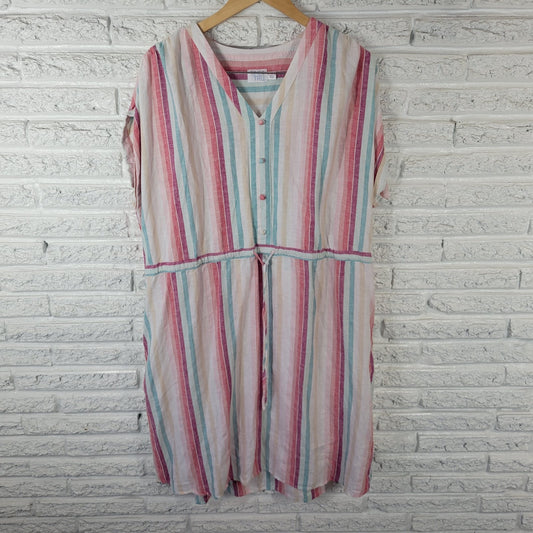 Time Tru Womens Dress XL 16 18 Cap Sleeve Blue Pink Stripe Pockets Drawstring
