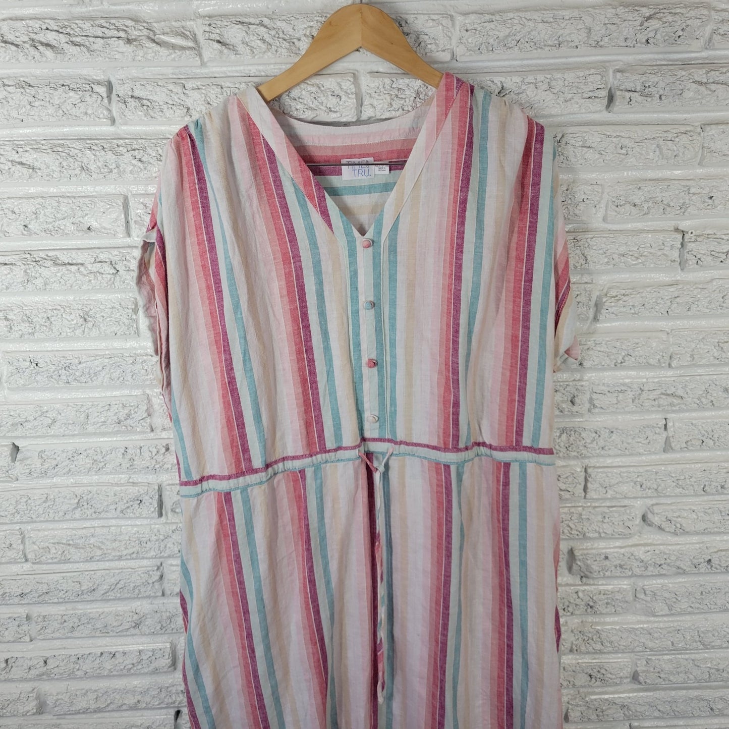 Time Tru Womens Dress XL 16 18 Cap Sleeve Blue Pink Stripe Pockets Drawstring