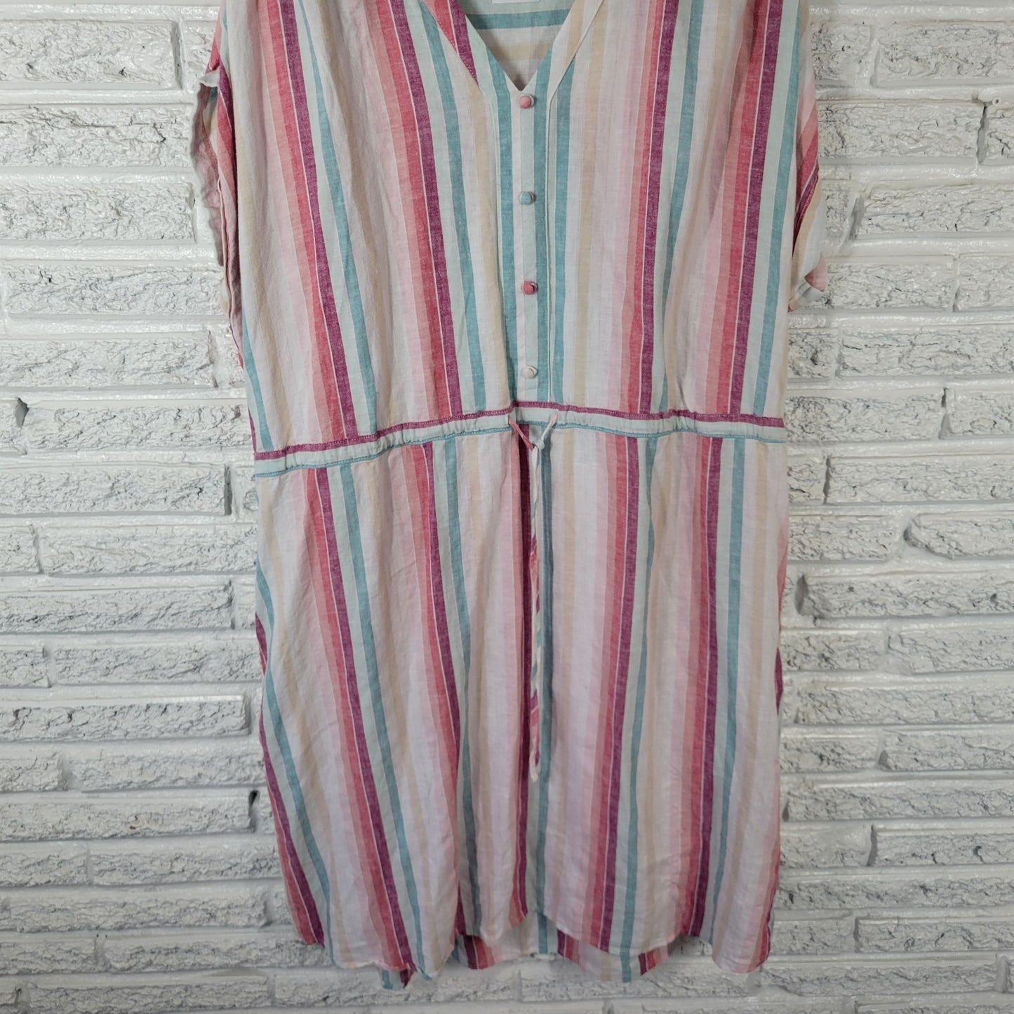 Time Tru Womens Dress XL 16 18 Cap Sleeve Blue Pink Stripe Pockets Drawstring