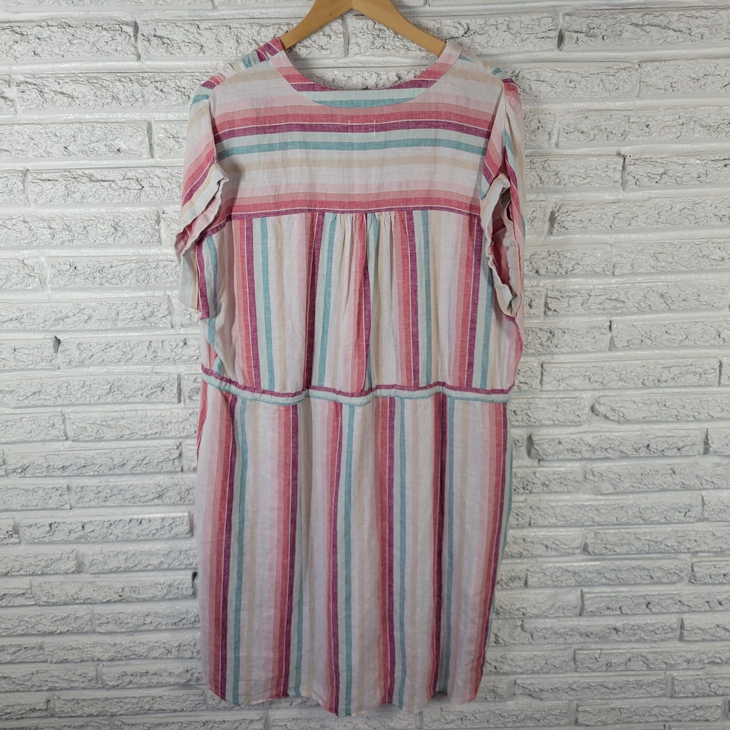 Time Tru Womens Dress XL 16 18 Cap Sleeve Blue Pink Stripe Pockets Drawstring