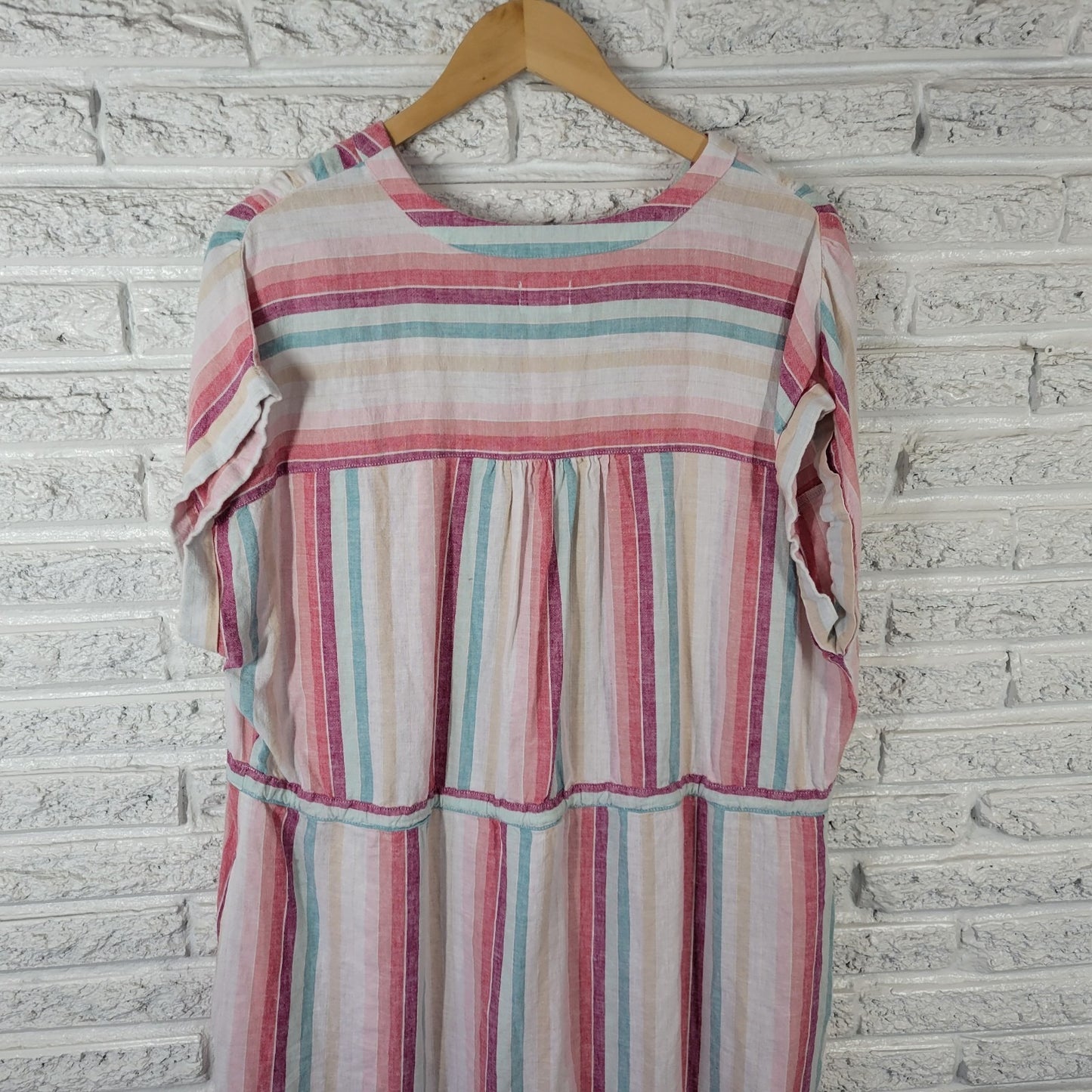Time Tru Womens Dress XL 16 18 Cap Sleeve Blue Pink Stripe Pockets Drawstring