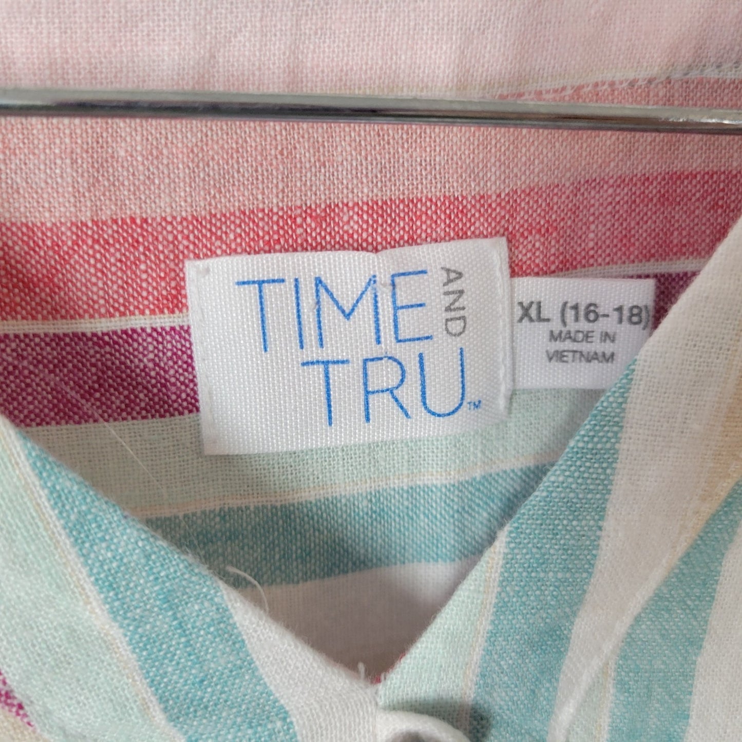 Time Tru Womens Dress XL 16 18 Cap Sleeve Blue Pink Stripe Pockets Drawstring