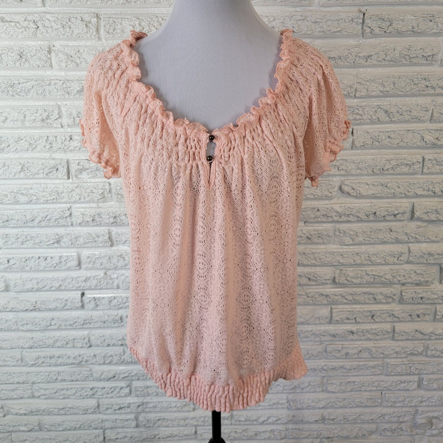 Cato Womens Top 18W 20W Plus Short Sleeve Crochet Pink Frilly On Off Shoulder