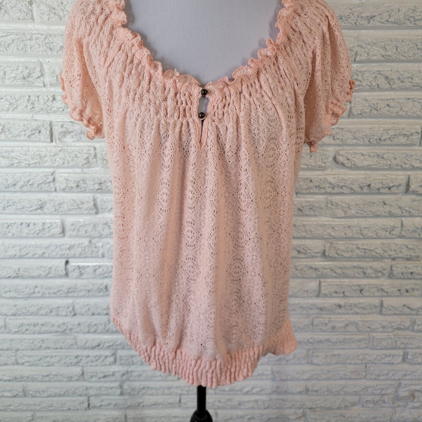 Cato Womens Top 18W 20W Plus Short Sleeve Crochet Pink Frilly On Off Shoulder