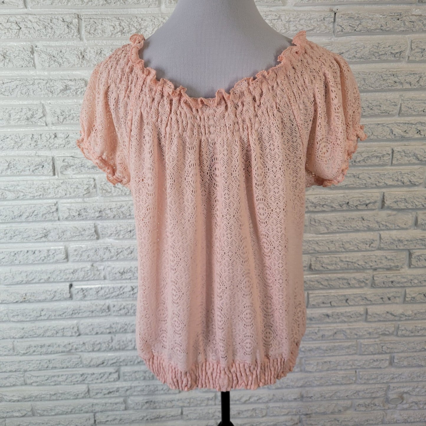 Cato Womens Top 18W 20W Plus Short Sleeve Crochet Pink Frilly On Off Shoulder