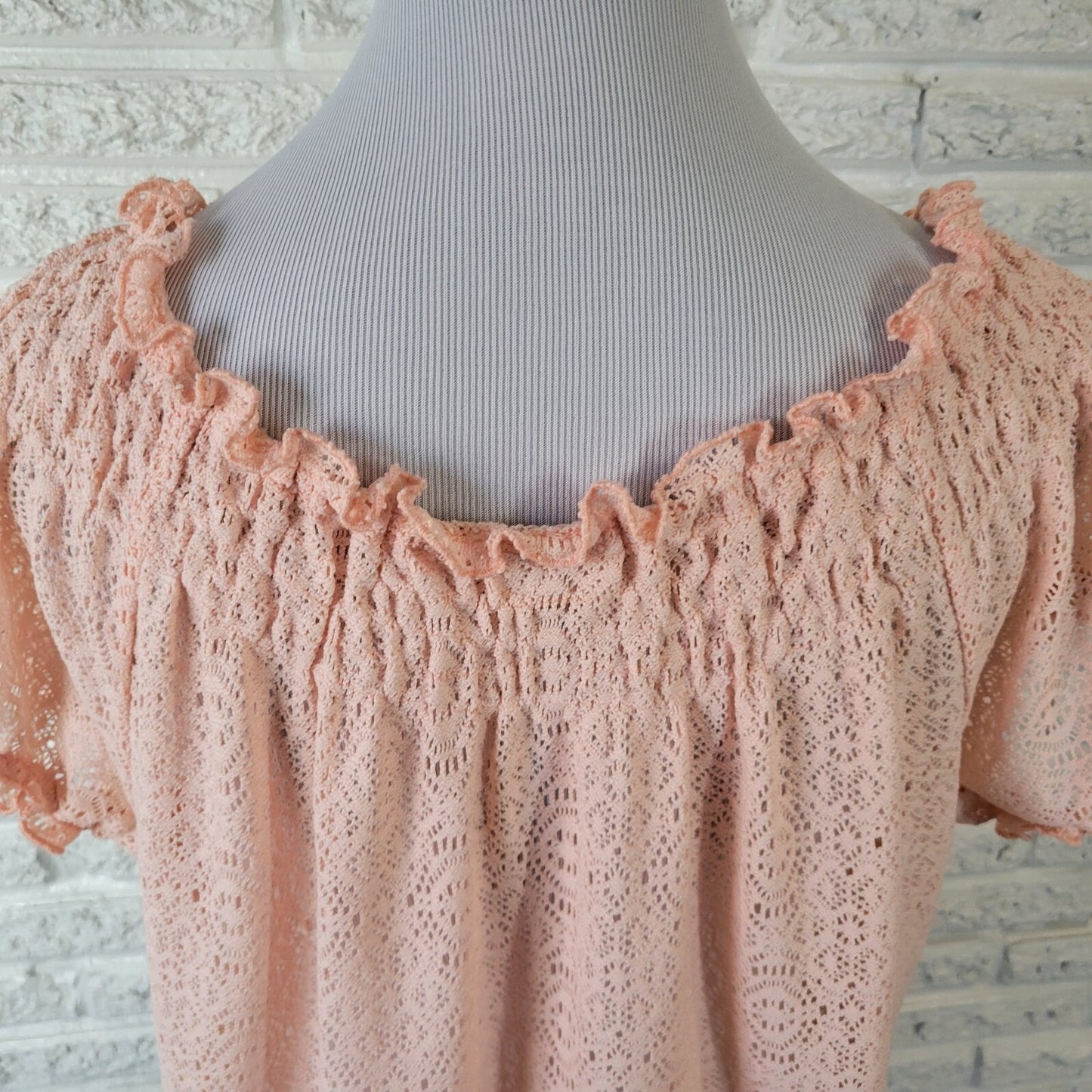 Cato Womens Top 18W 20W Plus Short Sleeve Crochet Pink Frilly On Off Shoulder