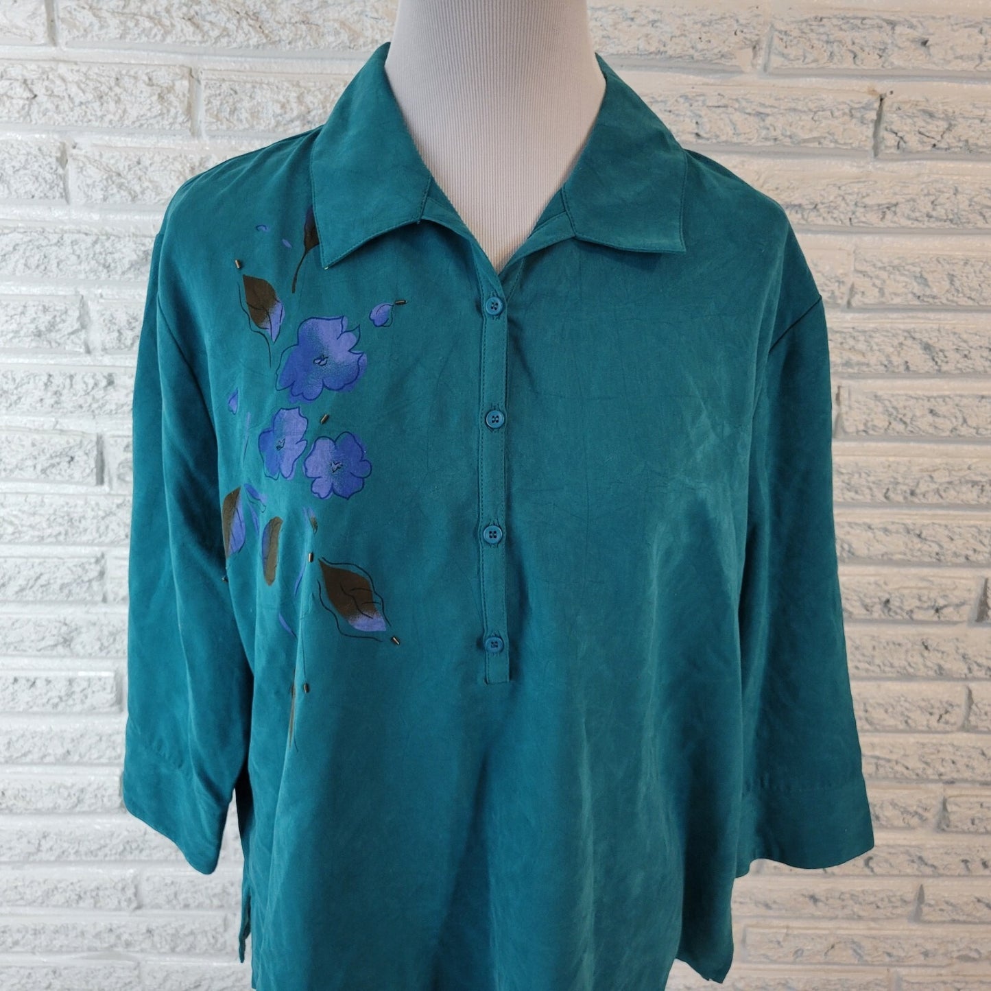Erin London Womens Top XLP 3/4 Sleeve Green Floral Lightweight Beaded Collar