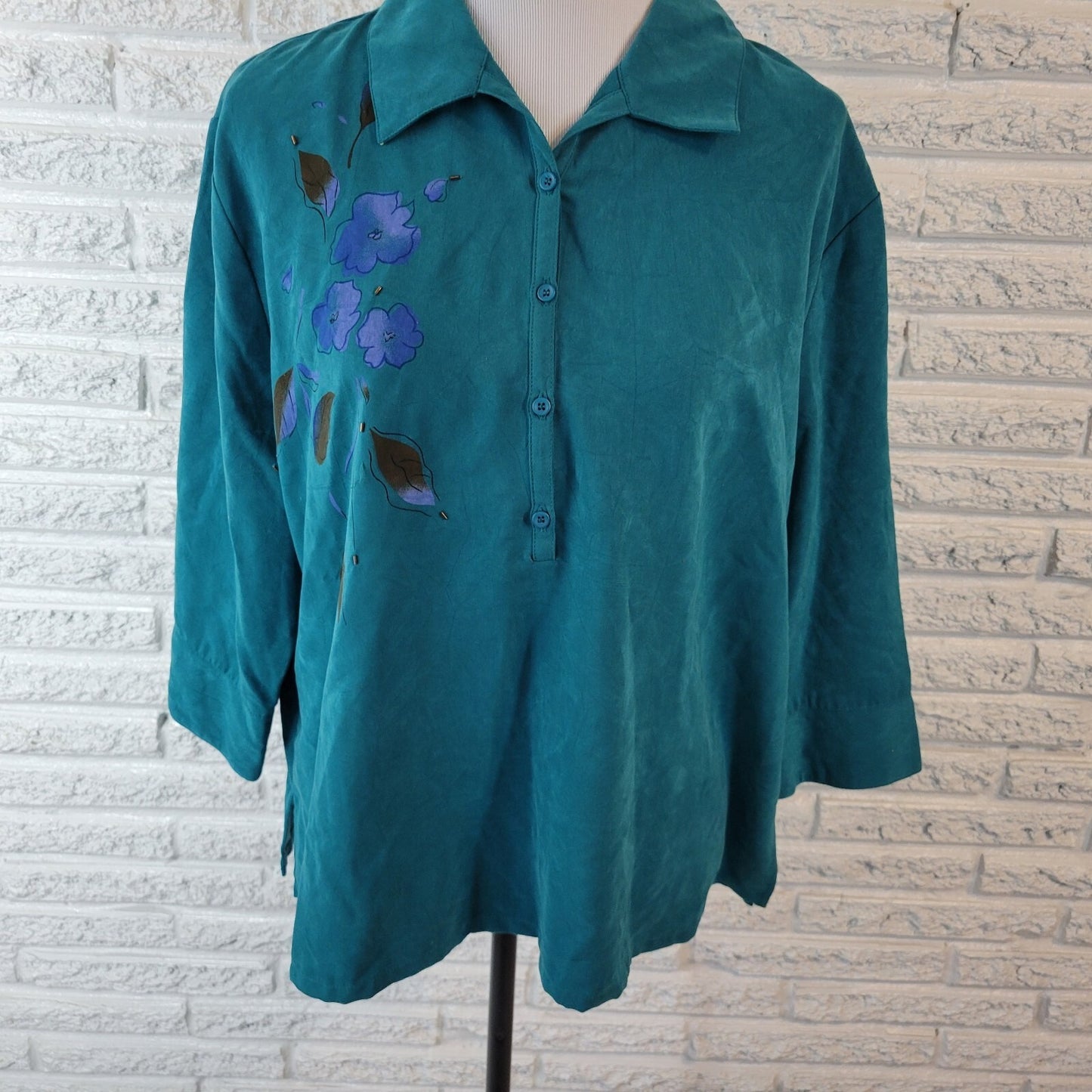 Erin London Womens Top XLP 3/4 Sleeve Green Floral Lightweight Beaded Collar