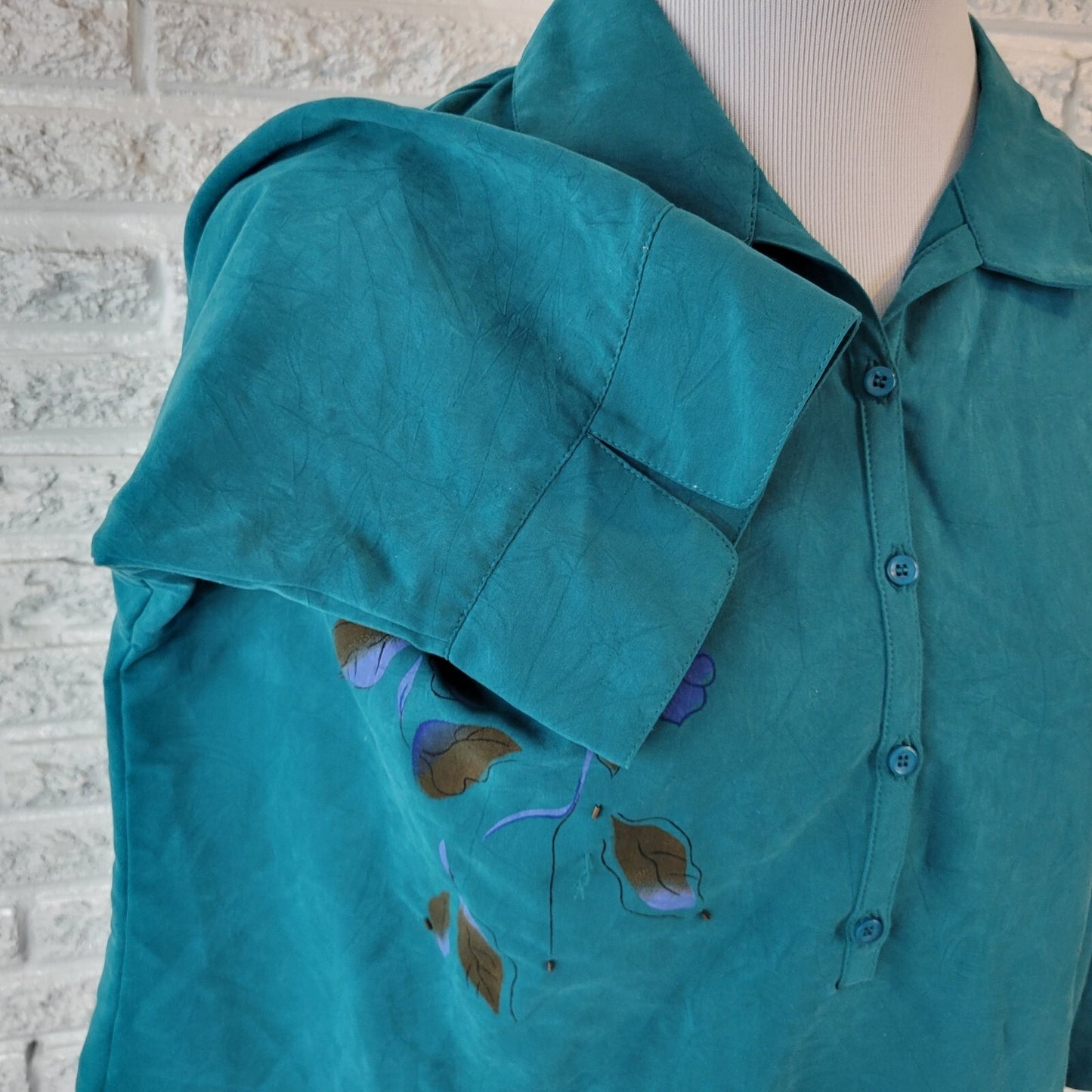 Erin London Womens Top XLP 3/4 Sleeve Green Floral Lightweight Beaded Collar