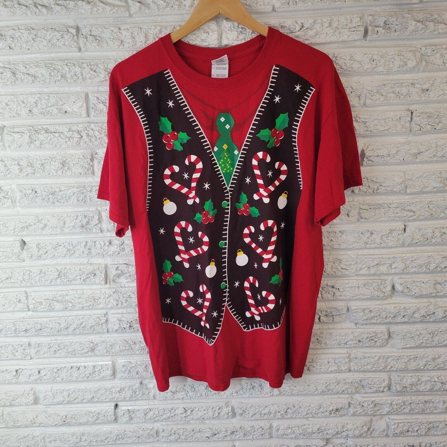 Christmas Womens Top Extra Large Tee Short Sleeve Red Candy Cane Cotton Holiday