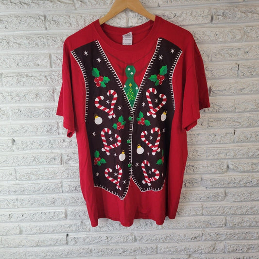 Christmas Womens Top Extra Large Tee Short Sleeve Red Candy Cane Cotton Holiday