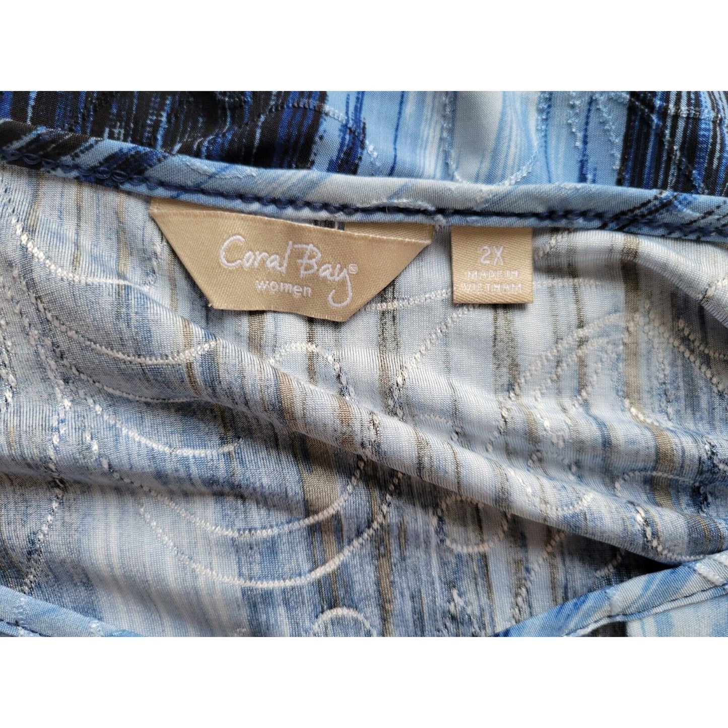 Coral Bay Womens Top 2X Plus 3/4 Sleeve Blue Geometric Embroider Keyhole Office