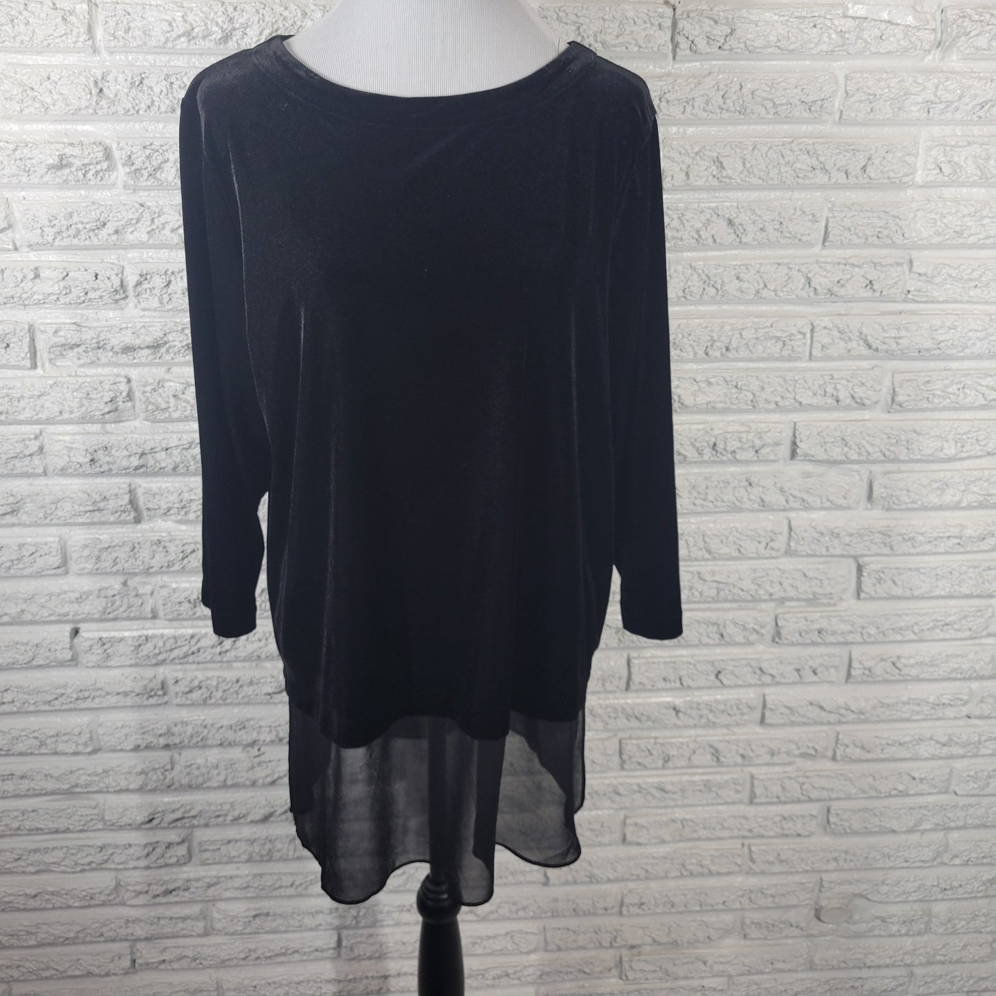 Alfani Women's XL Tunic Top Black Velour 3/4 Sleeve Chiffon Hem Blouse BLA85E