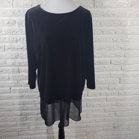 Alfani Women's XL Tunic Top Black Velour 3/4 Sleeve Chiffon Hem Blouse BLA85E