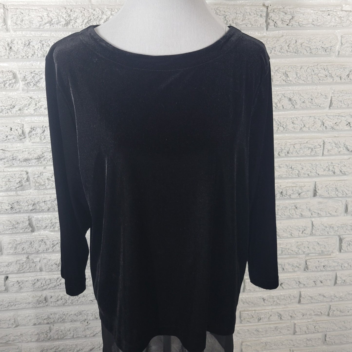 Alfani Women's XL Tunic Top Black Velour 3/4 Sleeve Chiffon Hem Blouse BLA85E