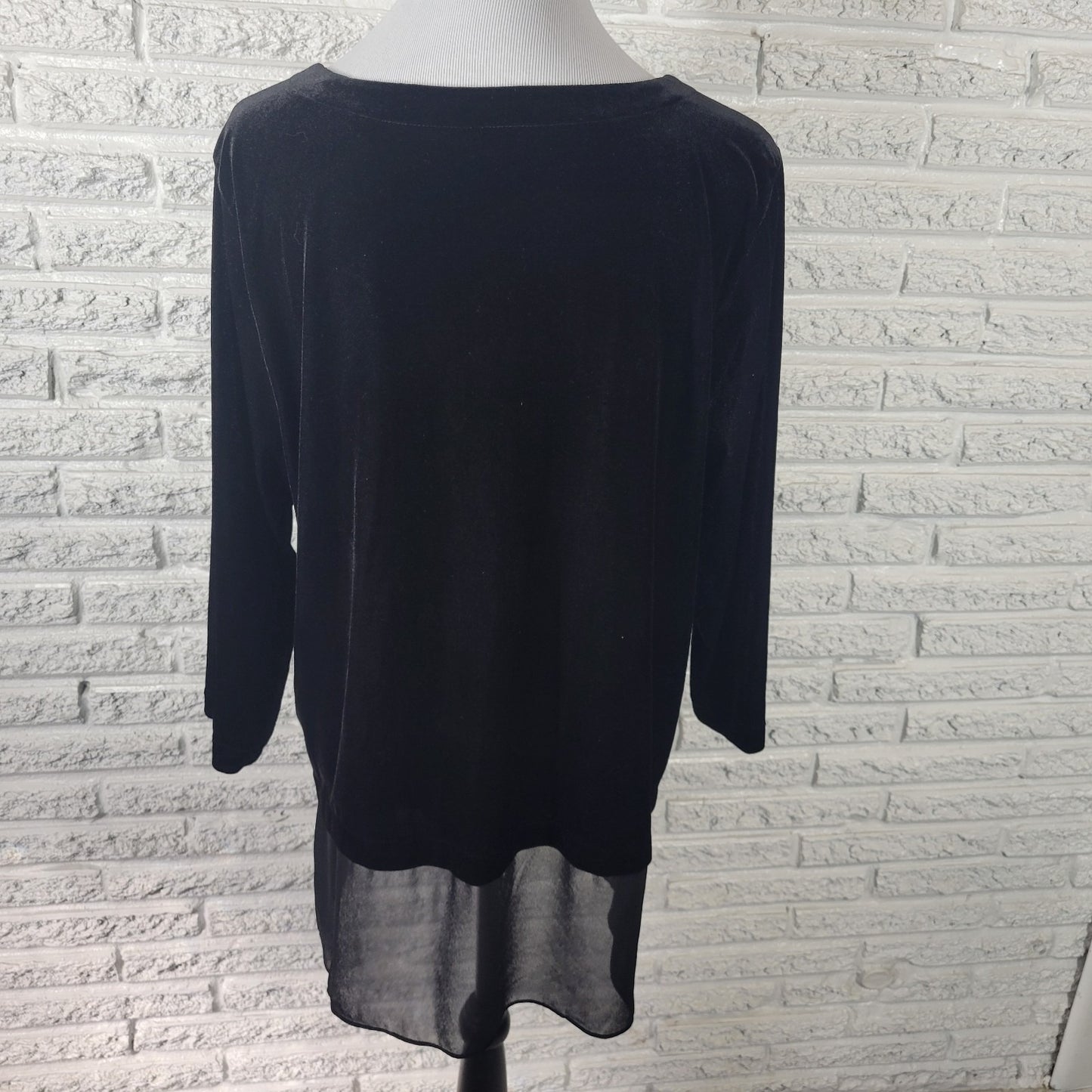 Alfani Women's XL Tunic Top Black Velour 3/4 Sleeve Chiffon Hem Blouse BLA85E