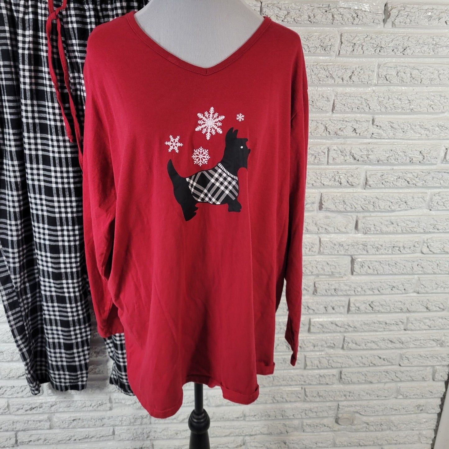 Dreams Co Womens Pajama Set 2X Plus Pull On Terrier Dog Black White Plaid Cotton