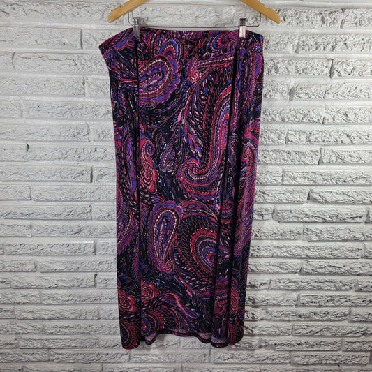Catherines Anywear Womens Skirt 1X Pull On Midi Purple Pink Paisley Poly Blend