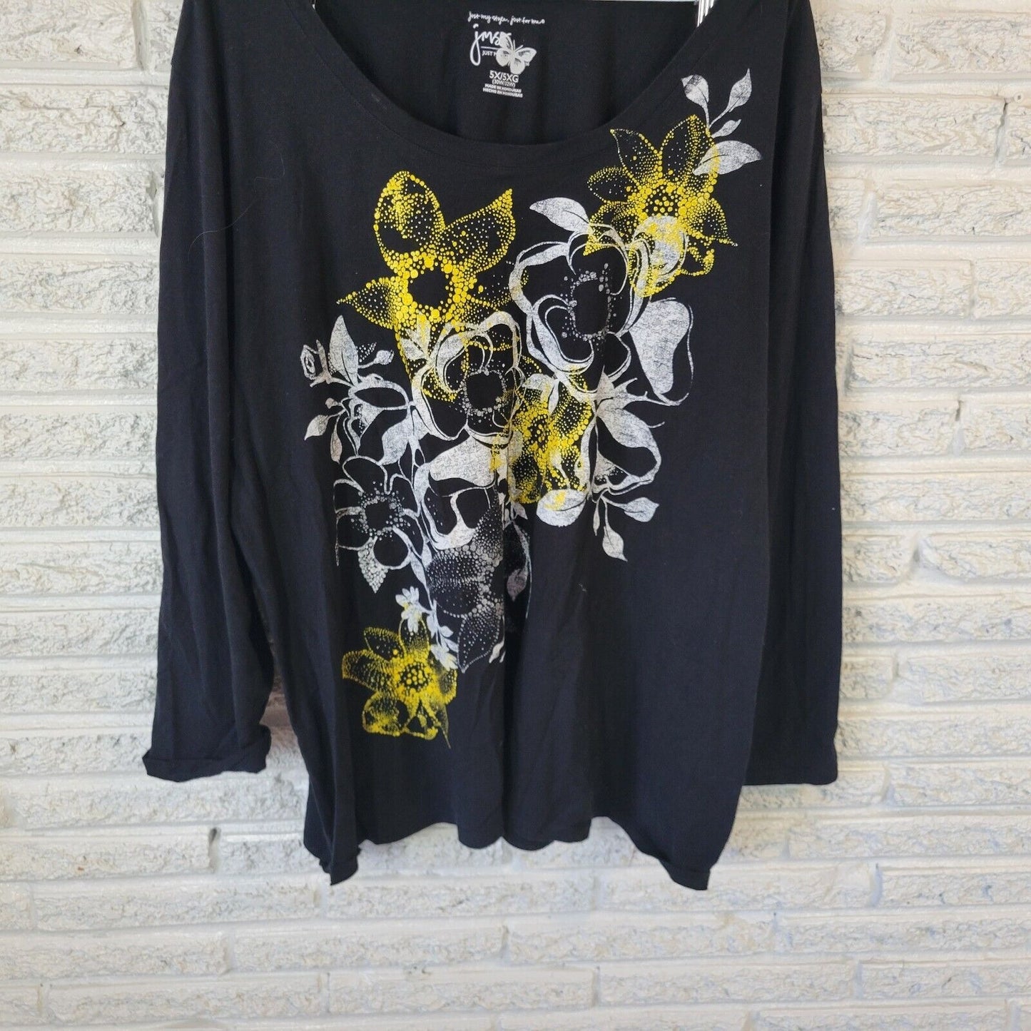 Just My Size Womens Top 5X Plus Tee Long Sleeve Black Gold Glitter Floral Cotton