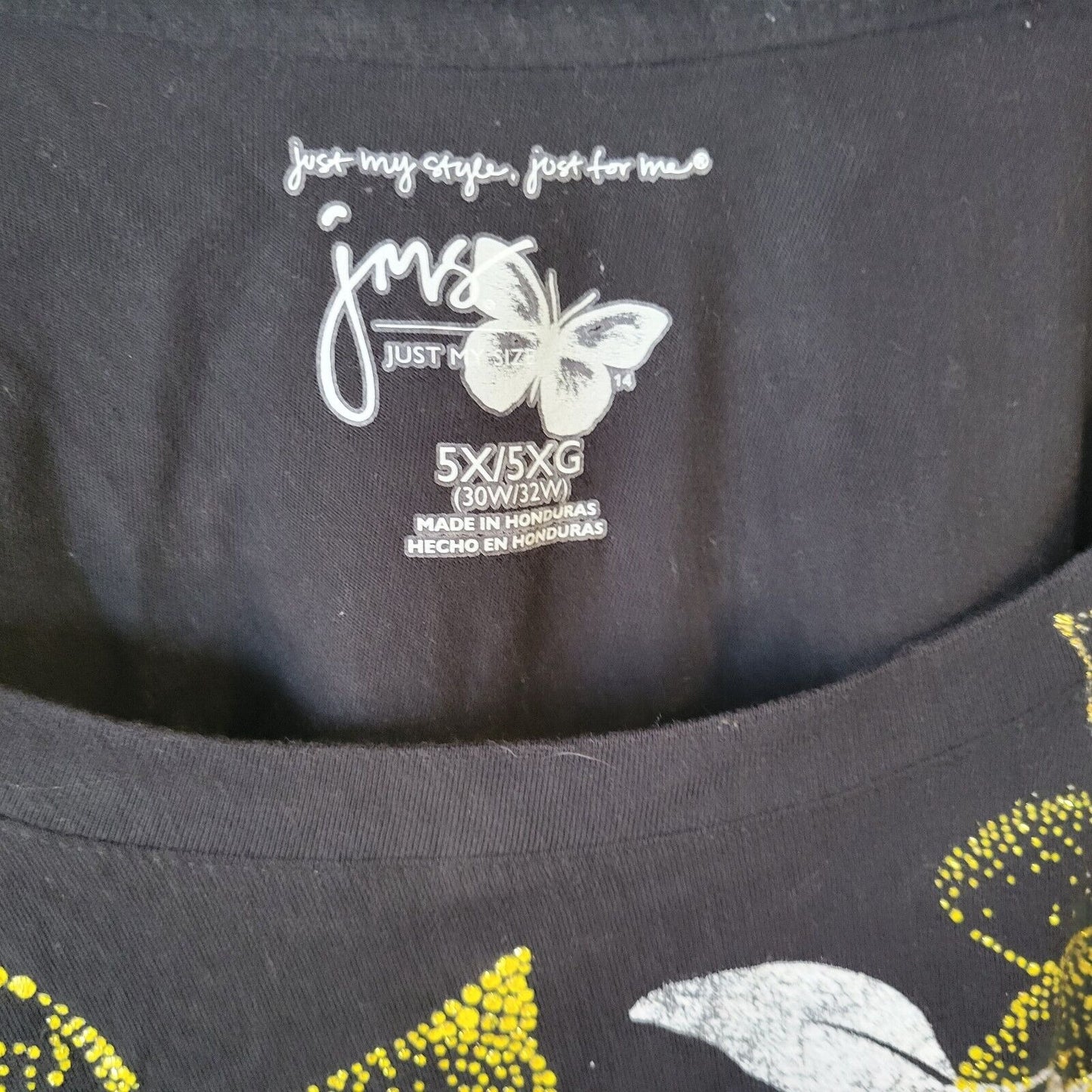 Just My Size Womens Top 5X Plus Tee Long Sleeve Black Gold Glitter Floral Cotton