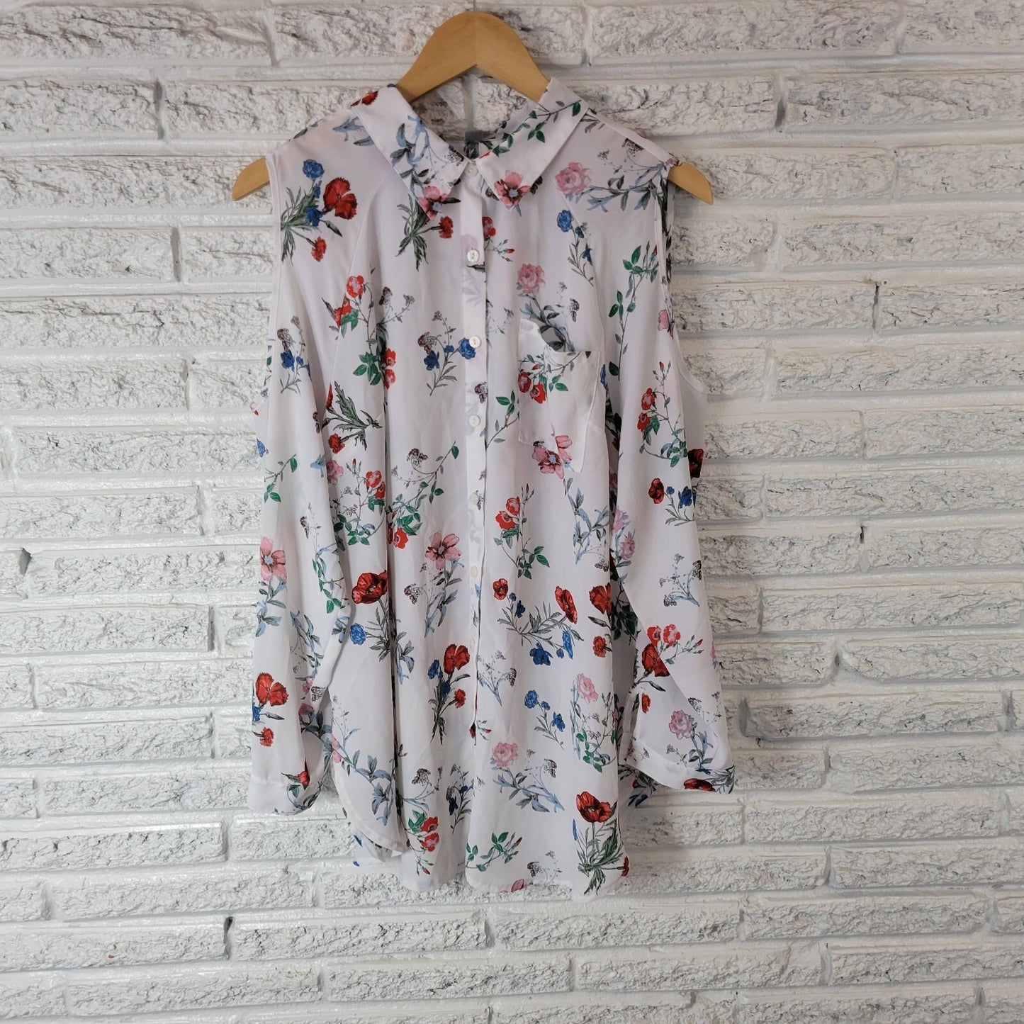 Valerie Stevens Womens Top XL Sleeveless Blue Red Floral Button Up Casual Sheer