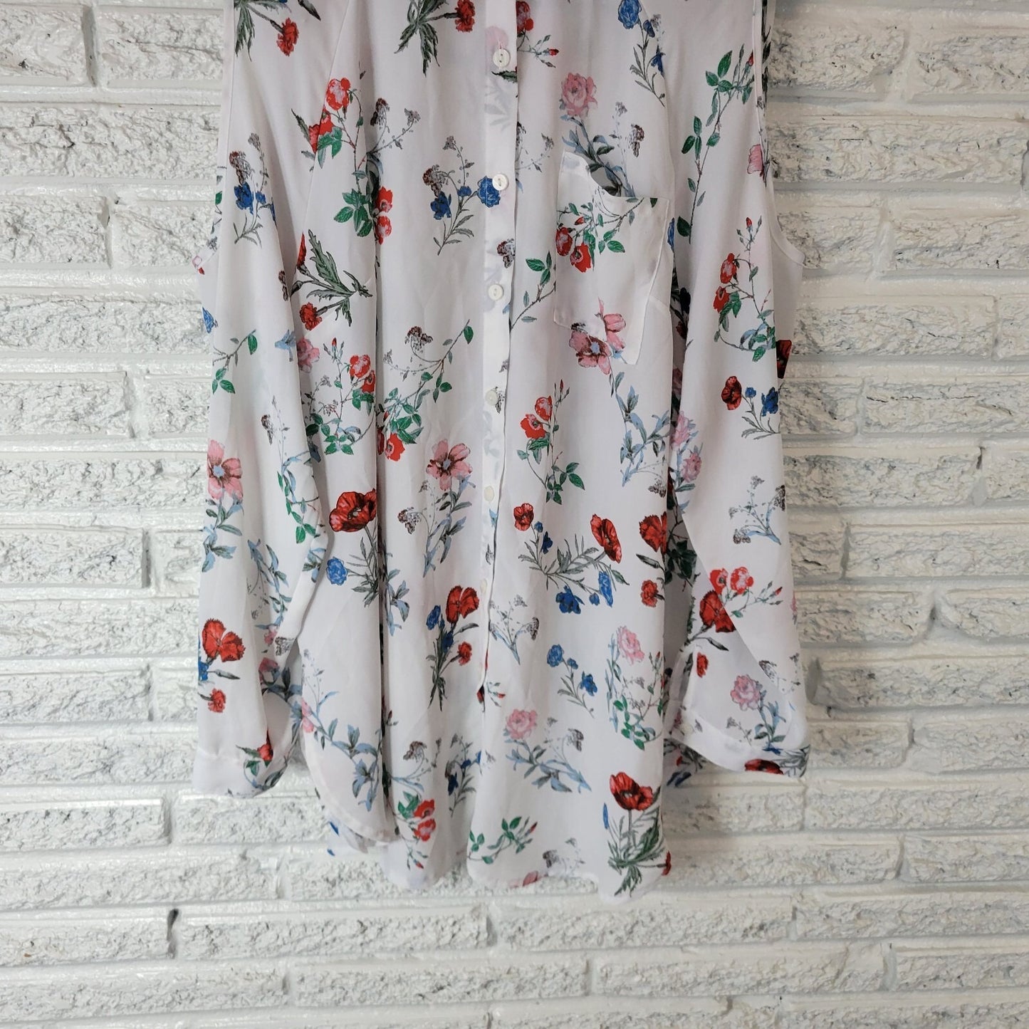 Valerie Stevens Womens Top XL Sleeveless Blue Red Floral Button Up Casual Sheer