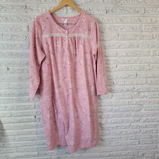 Adonna Women Nightgown XXL Plus Long Sleeve Pink Fleece Lace Trim Quarter Button