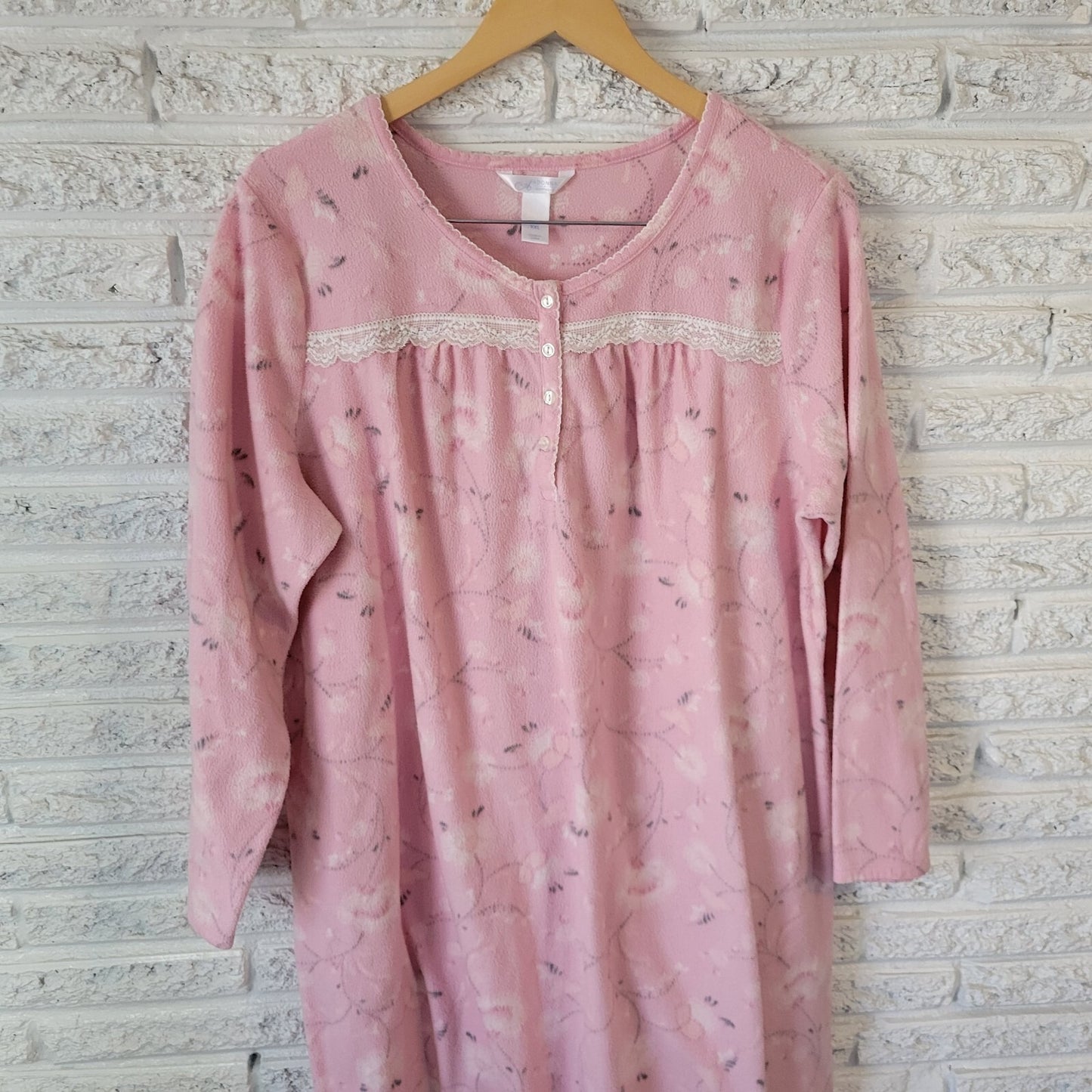 Adonna Women Nightgown XXL Plus Long Sleeve Pink Fleece Lace Trim Quarter Button