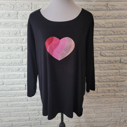 Valentines Day Karen Scott Womens Top 2X Tee 3/4 Sleeve Black Heart Rhinestones